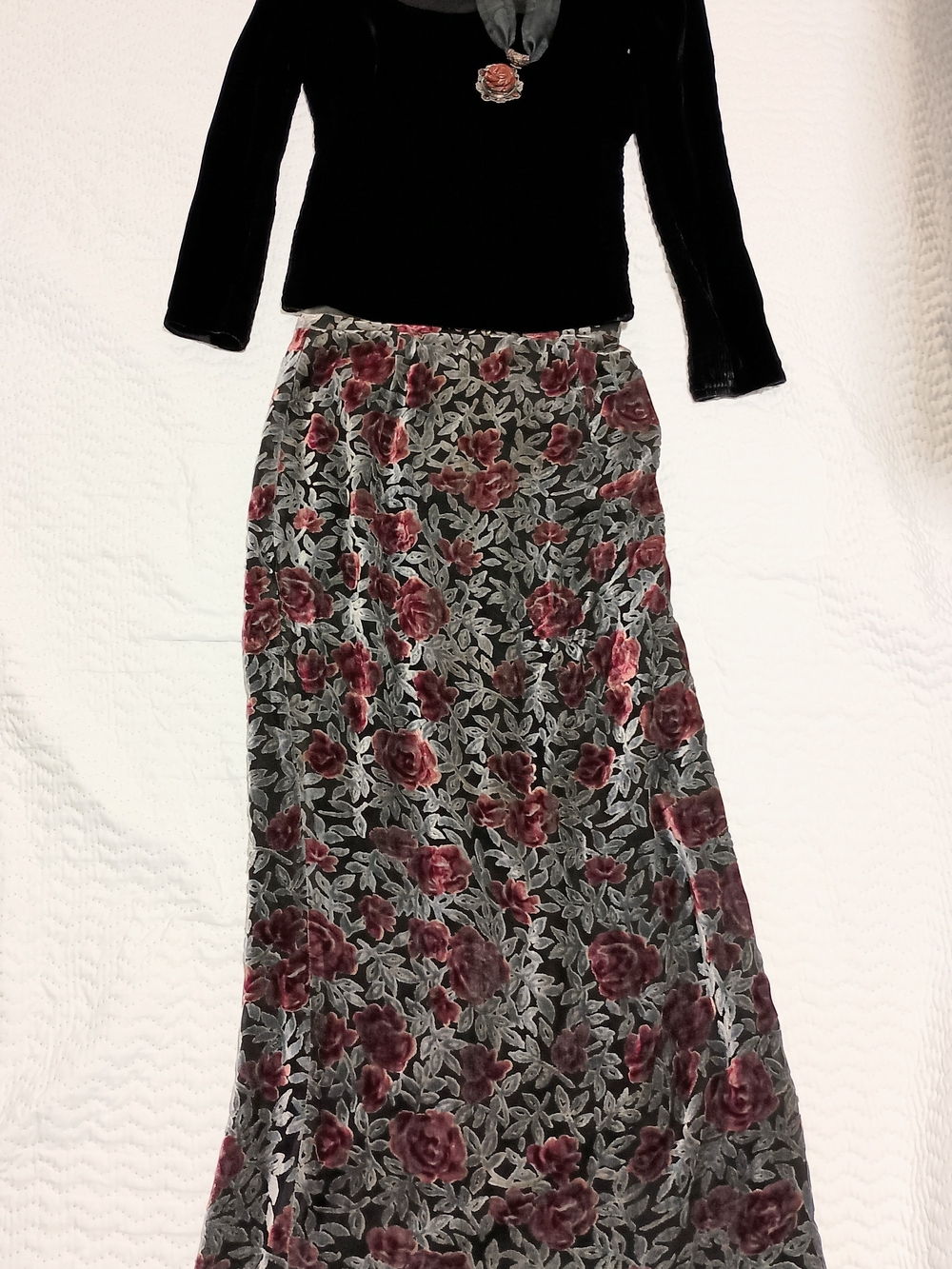 Floral Velvet Maxi Skirt + Square-necked Velvet Black Blouse, 90sSoftGoth Duo